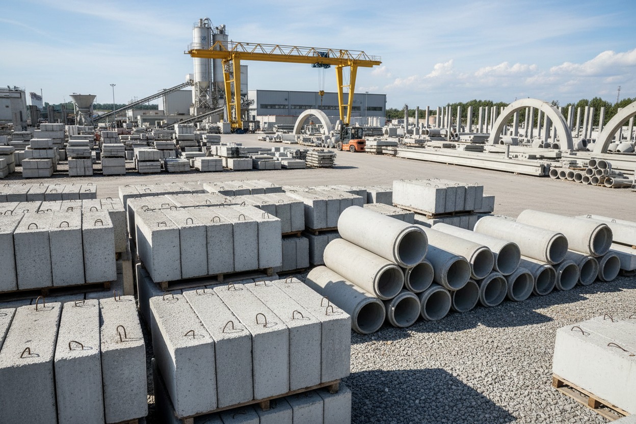 Pátio de uma fábrica de pré-moldados de concreto com pilhas de blocos, tubos e uma ponte rolante amarela ao fundo.